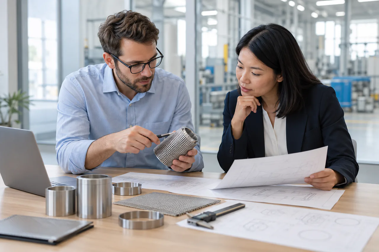 Two generic professionals reviewing industrial samples and non-readable technical drawings in an illustrative sourcing coordination scene.
